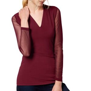 INC International Concepts Deep Red Sheer Sleeve Blouse